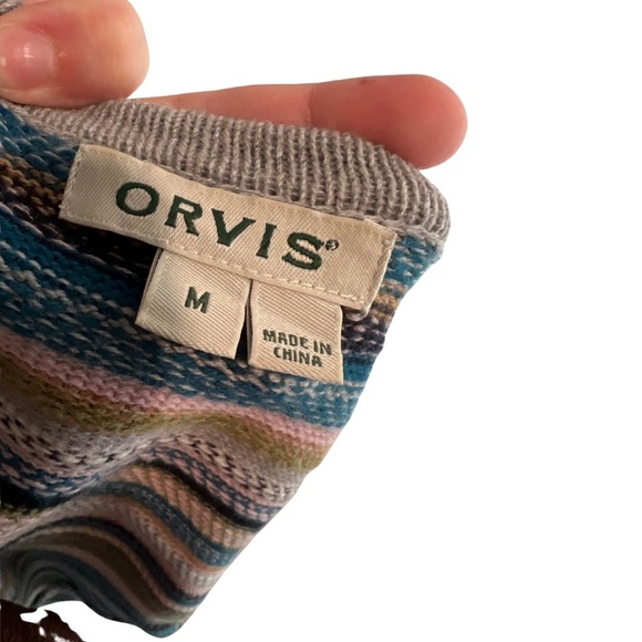 Orvis Wool Blend Long Cardigan Multicolour Striped Elbow Patches Women’s Medium - Picture 5 of 6